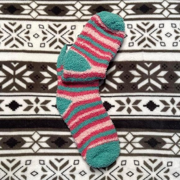 fuzzy striped ankle socks pink and teal - Picture 4 of 4